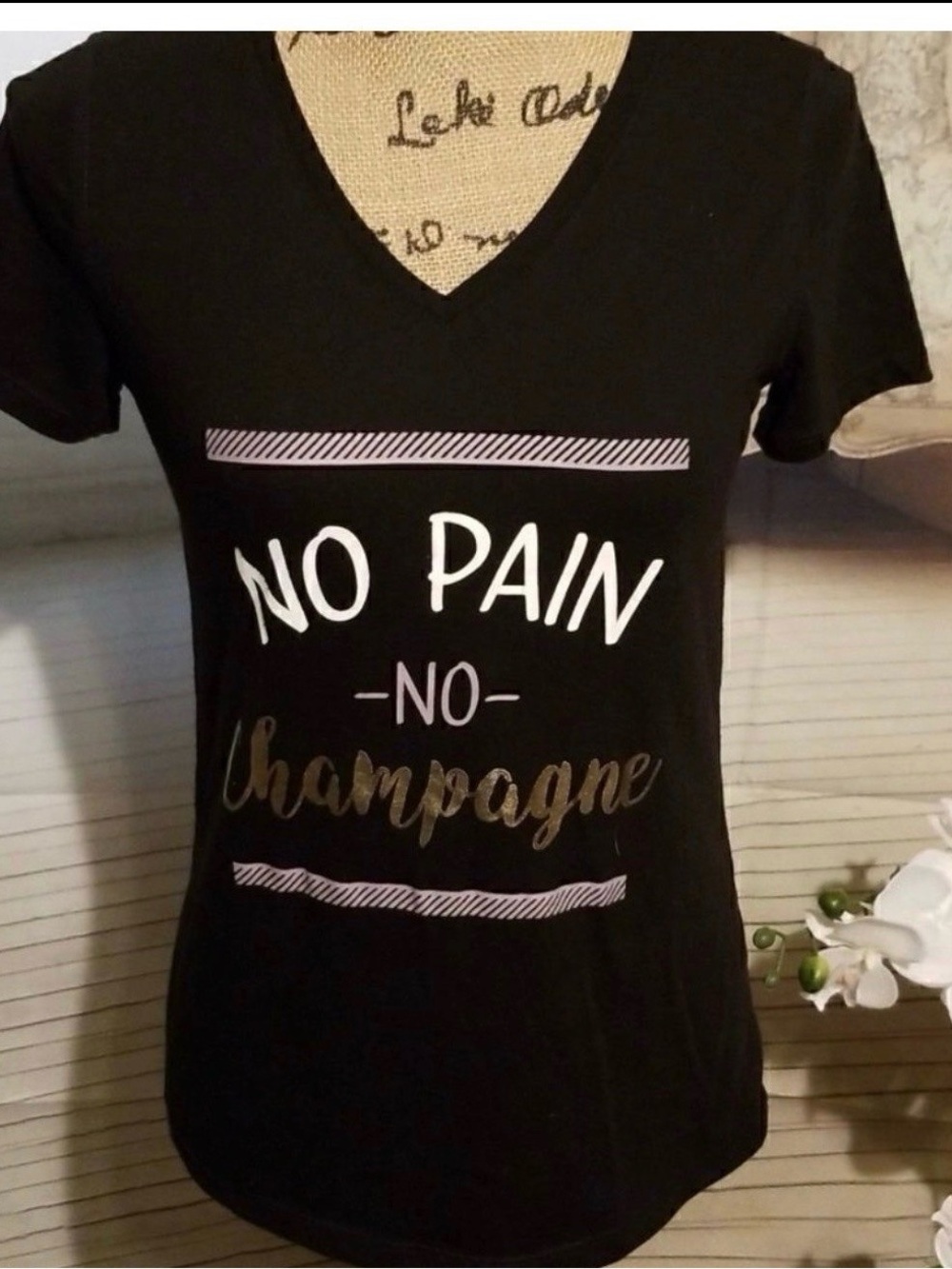 No Pain No Champagne Black V-Neck Graphic Tee